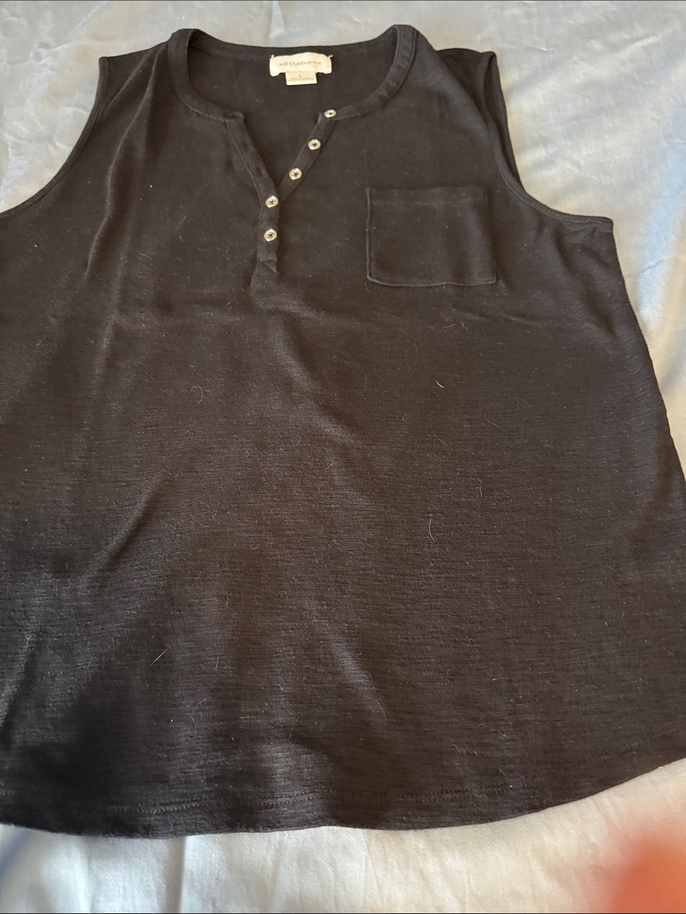 Liz Claiborne Black Sleeveless Henley Tank with Chest Pocket